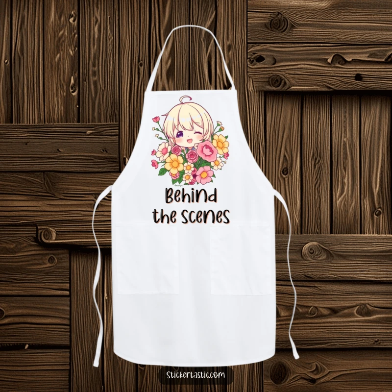 Funny character playfully peeking from behind a sticker bouquet on a functional apron, perfect for adding playful charm to cooking, a great gift.