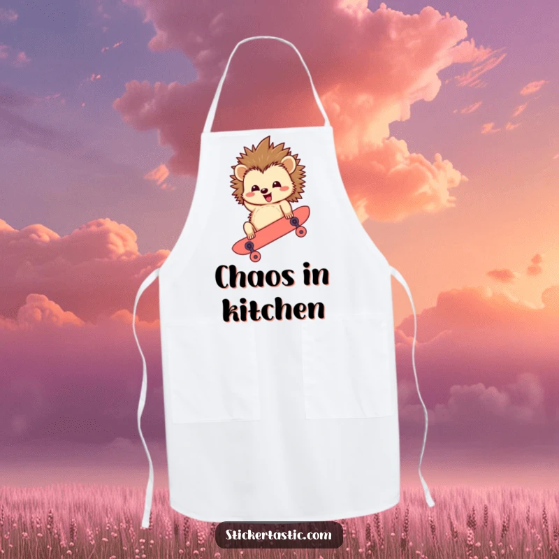 Funny Hedgehog Apron: A humorous depiction of a hedgehog riding a skateboard upside down, designed for kitchen protection and laughs.