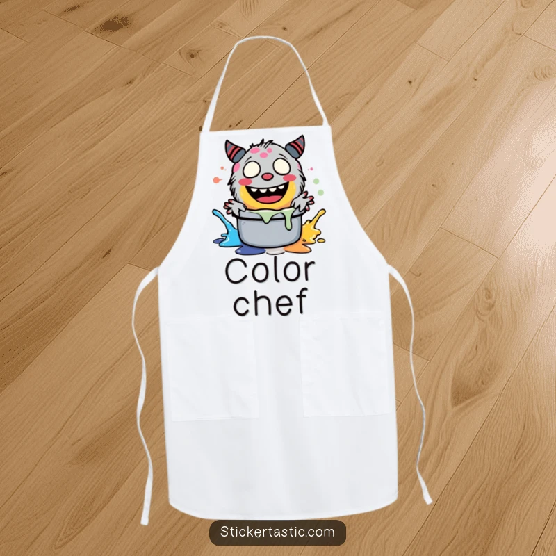 Funny giggling monster happily splashing paint in a pot, featured on a chef's apron for artistic kitchen fun.