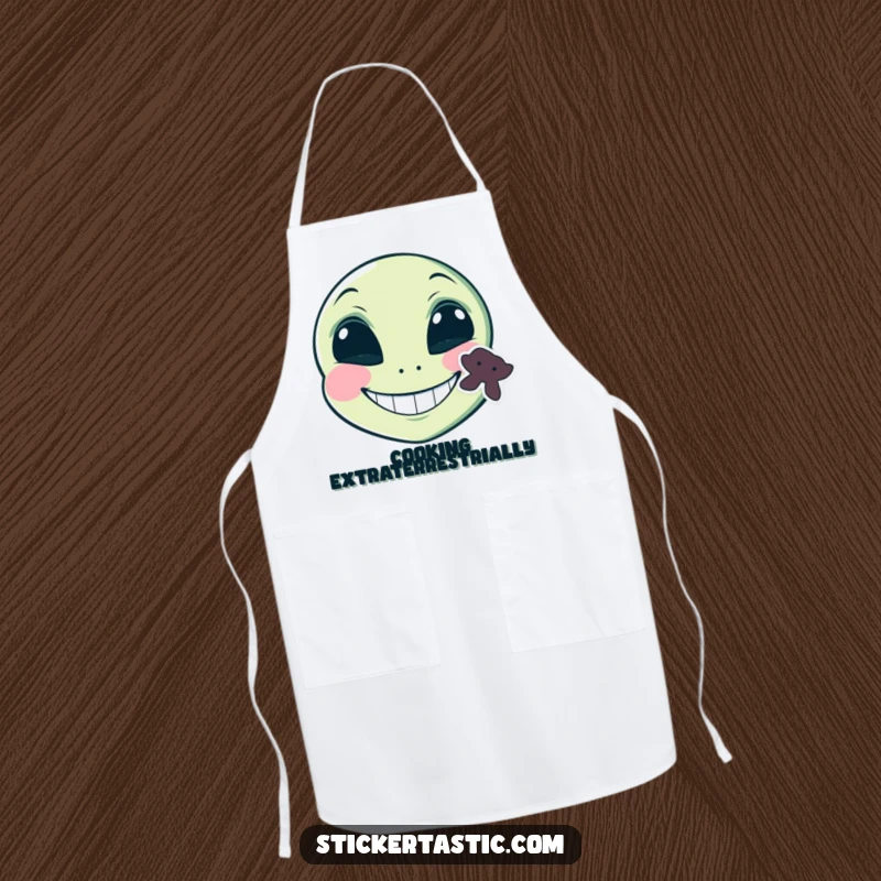 Funny grinning alien face with a sticker on its cheek apron, a mischievous alien with a sticker and a grin, ideal for humorous cooking.