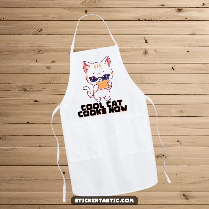 Funny cat apron showing a cool cat striking a pose with a sticker. Ideal for kitchen activities and adding feline flair.