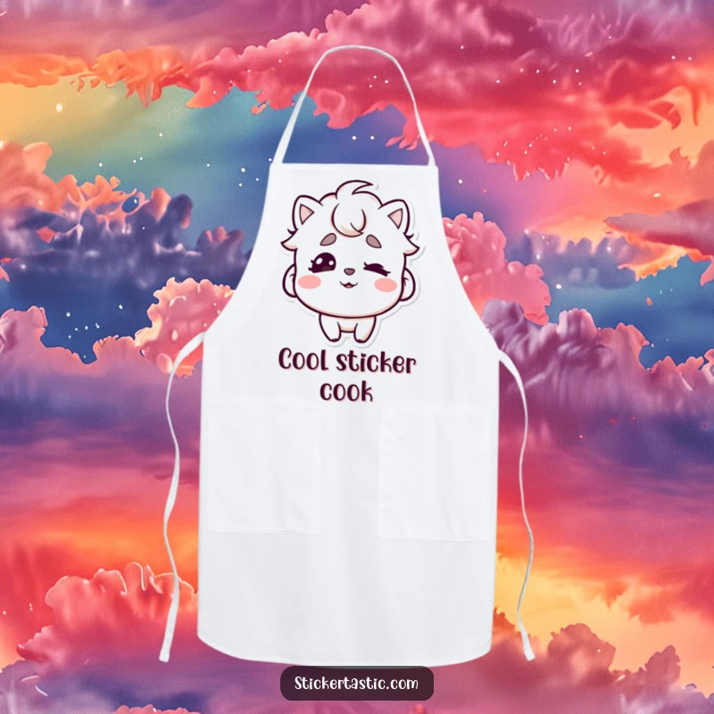 Funny apron with a character playfully wiggling eyebrows under a cool sticker, ideal for cooks who enjoy adding humor to tasks.