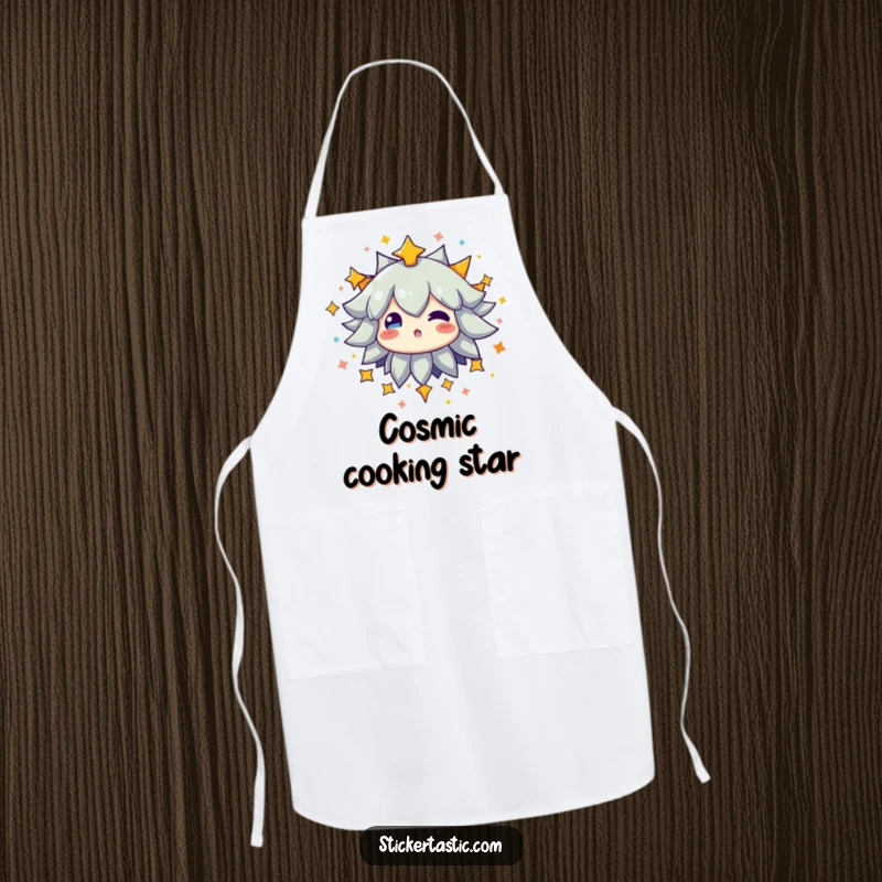 Funny apron showing a character bursting with a bright explosion of colorful stars, radiating cosmic energy.