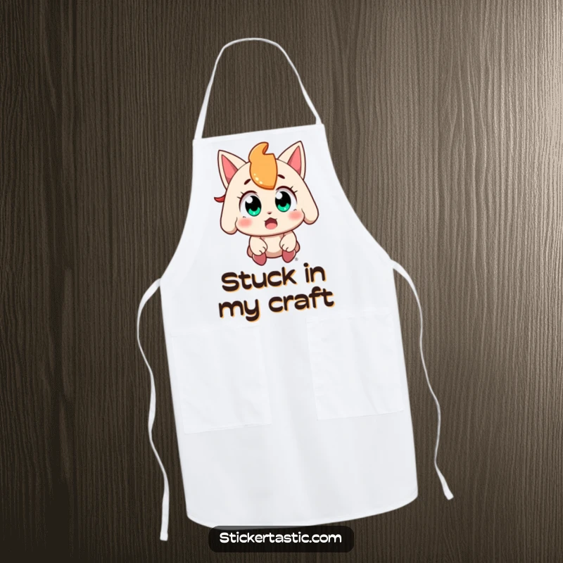 Funny character with wide, amazed eyes catching a falling sticker on a functional apron, perfect for collectors and crafters, a great gift.