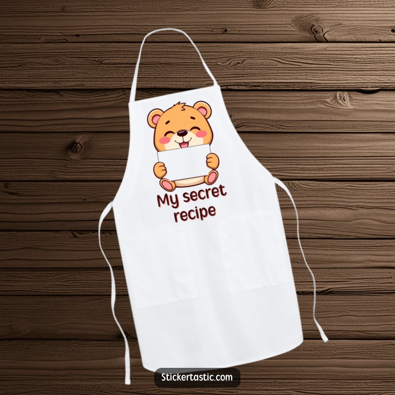 Funny bear apron with a mischievous character holding a blank sticker, adding a touch of playful creativity to any cooking or baking session.