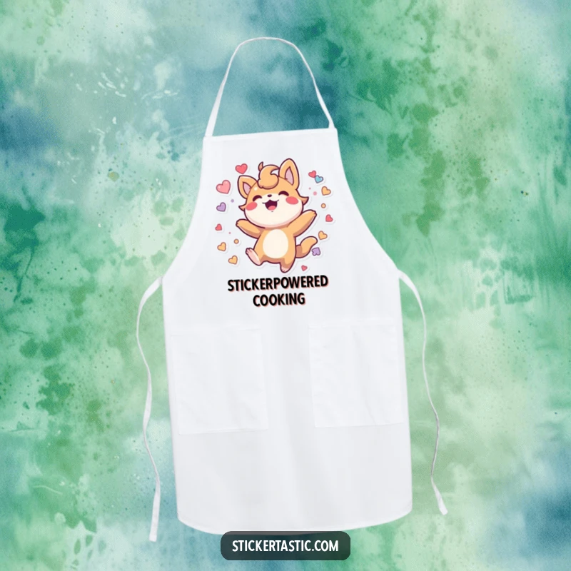 Funny Apron: Cheerful creature bouncing amidst stickers, adding fun and protection during cooking.