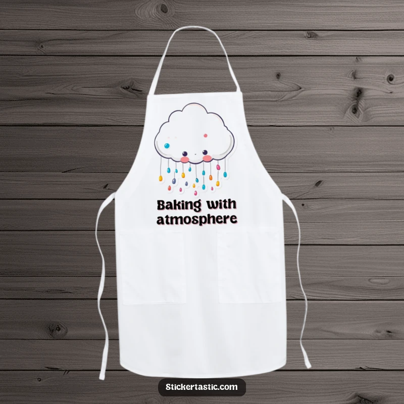 Funny cute cloud character raining colorful stickers apron, a happy cloud showering stickers, perfect for humorous and cheerful kitchen activities.
