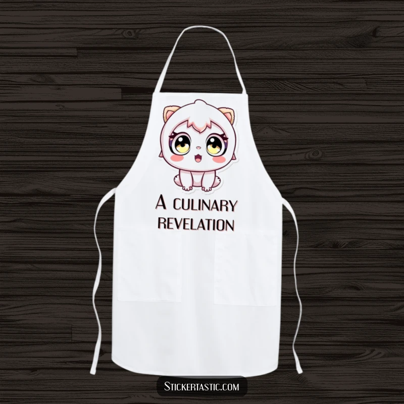 Funny apron showing a character with wide eyes looking in awe at a sticker, perfect for cooks.