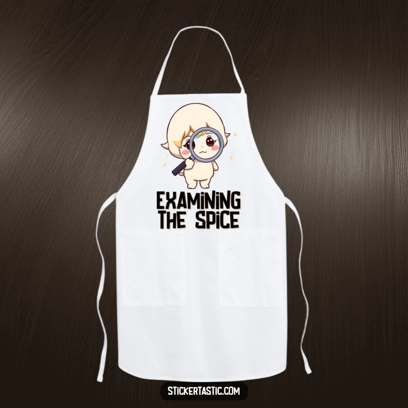 Funny apron with a curious character examining a sparkle using a magnifying glass, perfect for chefs.