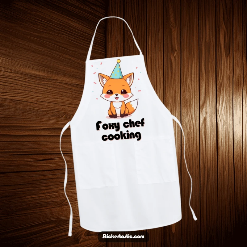 Funny apron with a delighted fox in a party hat with confetti, perfect for adding festive cheer to any culinary celebration.