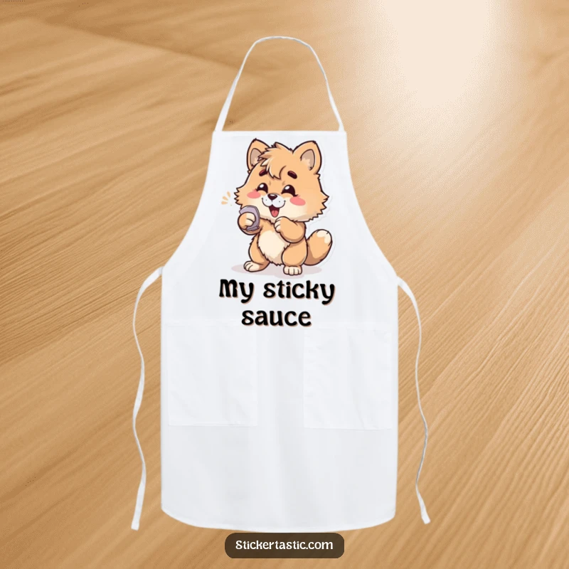 Funny furry character enthusiastically slapping a sticker onto a surface on a practical apron, ideal for kitchen fun.
