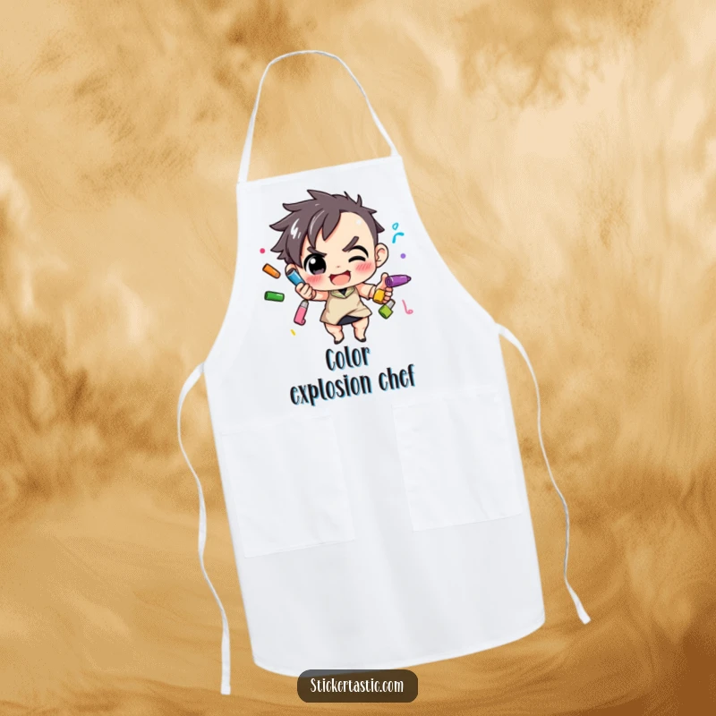 Funny Apron: A character skillfully juggling colorful markers, ideal for inspiring focus during creative tasks. Perfect funny gift.
