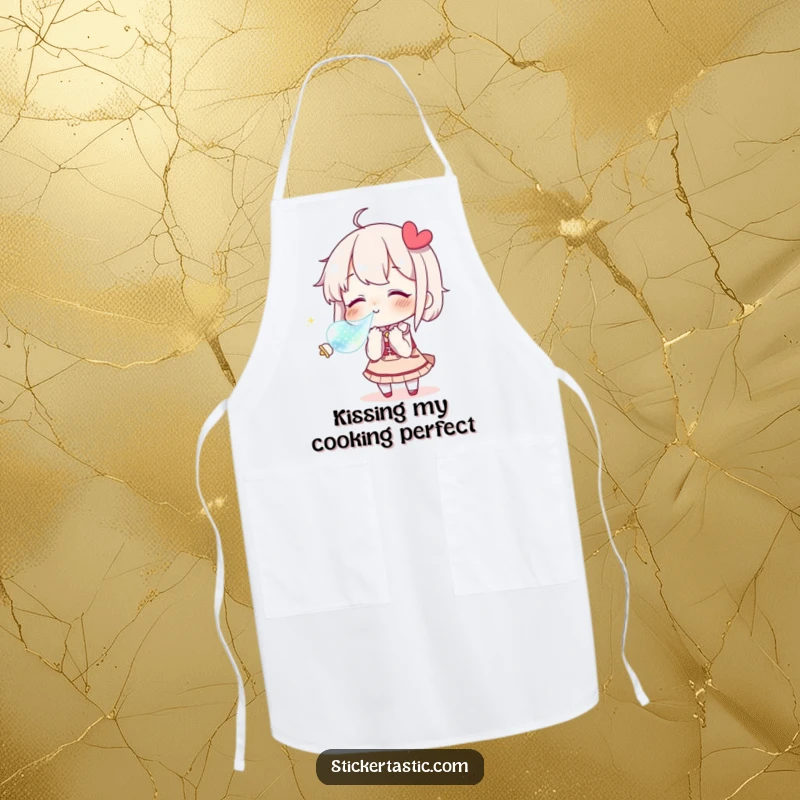 Funny Apron showing a character blowing a kiss towards a shimmering sticker, great for a loving cook.