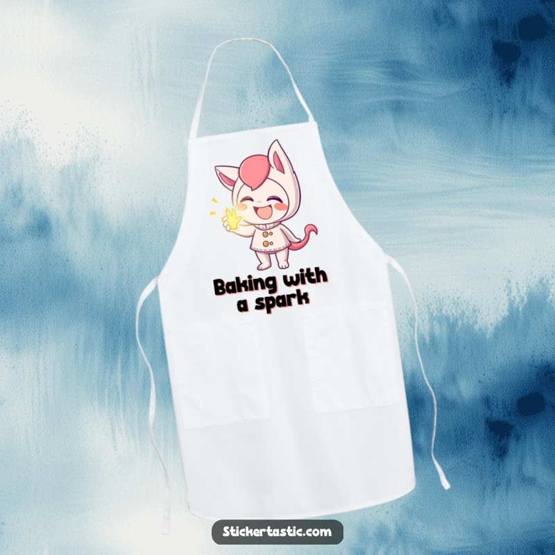 Funny apron with a mischievous giggling character handing out a glowing sticker, perfect for a playful cook.