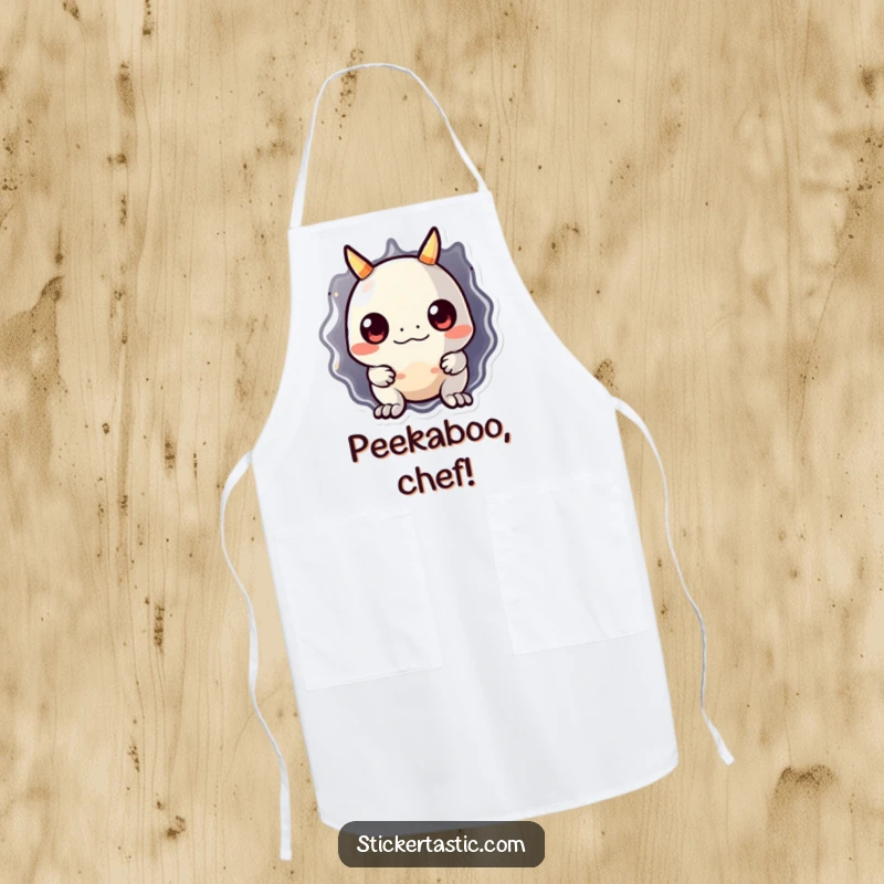 Funny monster apron showing a cute, shy monster peeking from behind a glossy sticker. Ideal for playful cooking and kitchen activities.