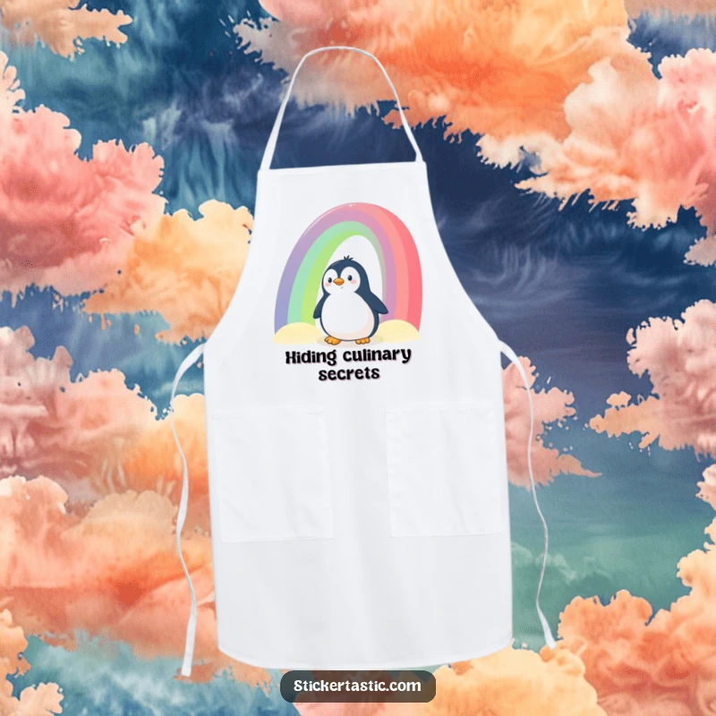 Funny Penguin Apron: A curious penguin peeking from behind a rainbow, designed for kitchen fun and protection with whimsical charm.