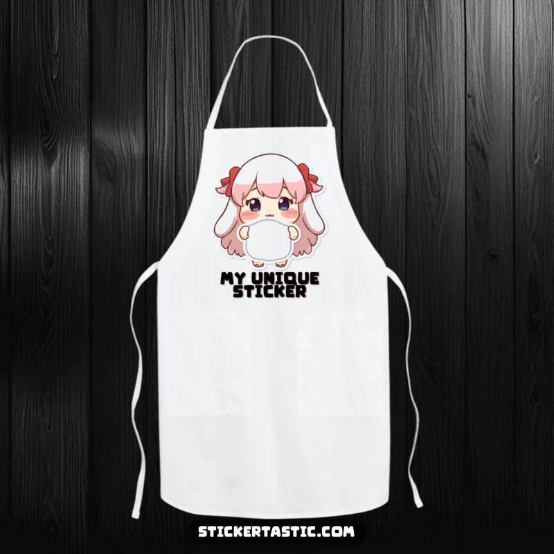 Funny apron with a character proudly displaying a distinctive sticker, ideal for cooks who love to add a personal touch.