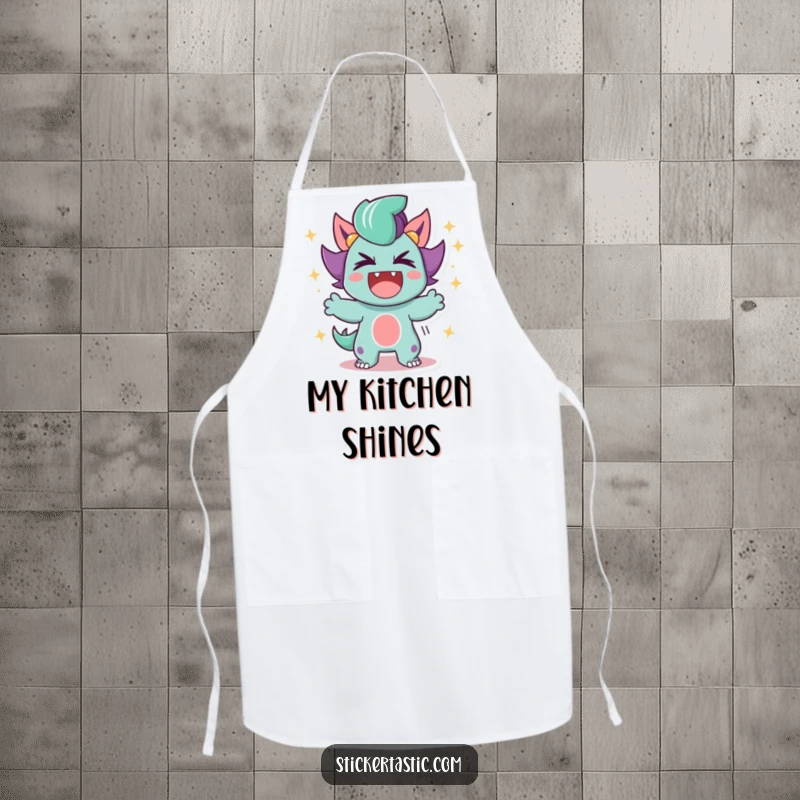 Funny Apron featuring a character roaring triumphantly, adorned with sparkling effects, perfect for a chef with flair.