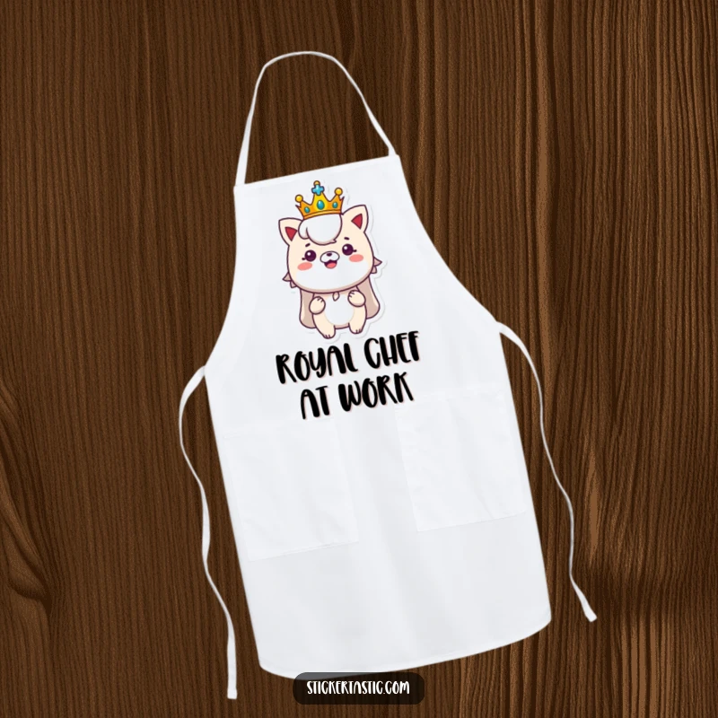 Funny royal apron with a character wearing a tiny crown proudly displaying a shiny new sticker, regal and humorous kitchen wear.
