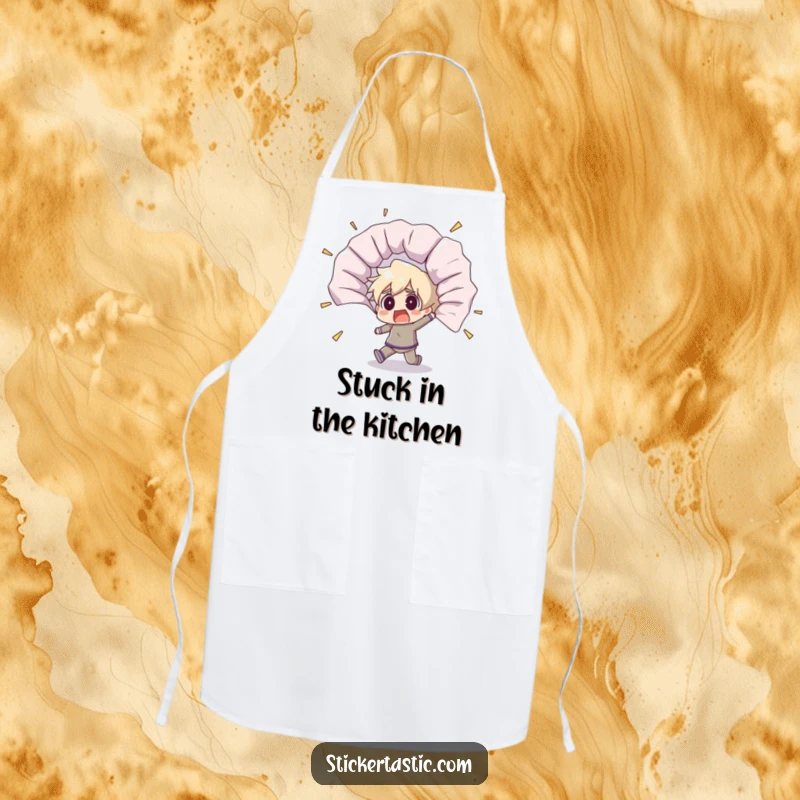 Funny apron showing a shocked character startled by a giant, unfurling sticker, perfect for adding humor to cooking.