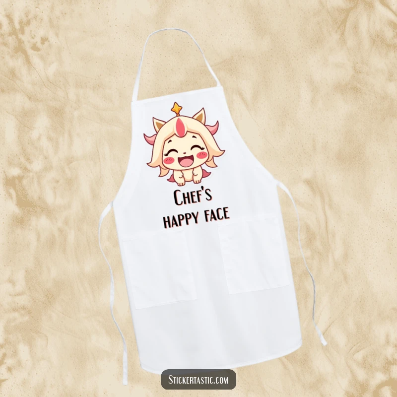 Funny Apron featuring a stylized character with a wide, beaming smile, ready to bring joy to any kitchen task.