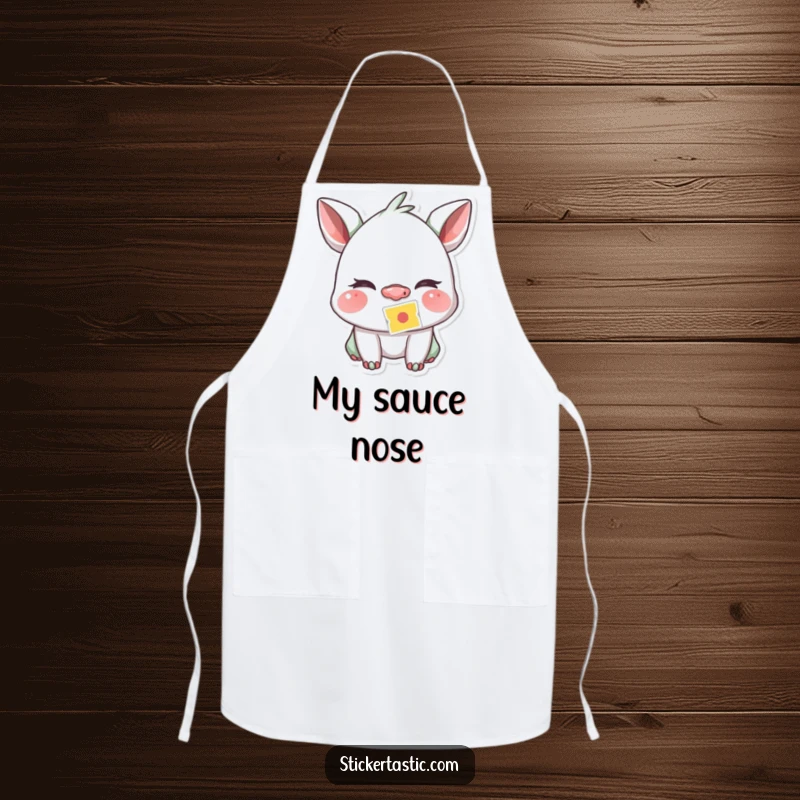 Funny creature winking playfully with a sticker stuck to its nose on a practical apron, ideal for kitchen fun and mischief.