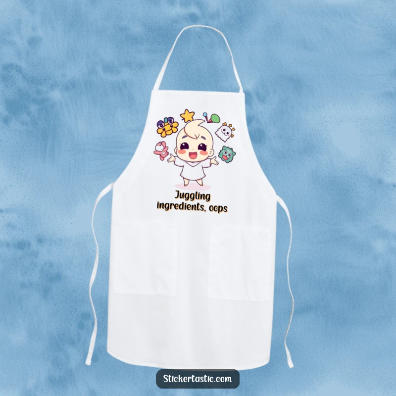 Funny cheerful character juggling vibrant stickers on an apron, perfect for a fun and skillful kitchen experience.