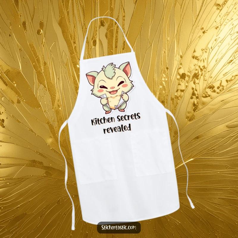 Funny creature with a mischievous grin peeling a sticker on an apron, ready for culinary mischief.