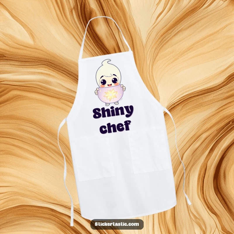 Funny Apron: A character grinning while presenting a large, sparkling sticker, perfect for adding fun. Ideal funny gift.