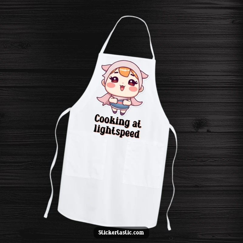 Funny Apron: Character with rosy cheeks making a sticker zoom, indicating fast cooking. Excellent funny gift.