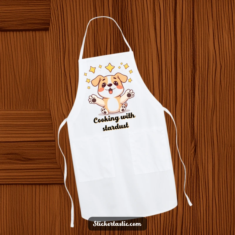 Funny surprised dog apron featuring a dog humorously catching falling stars, ideal for kitchen fun and starry chefs.