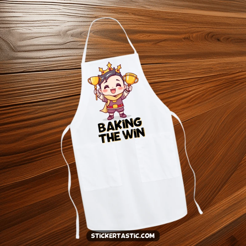 Funny apron showing a victorious cartoon character striking a triumphant pose with a trophy, ready for kitchen achievements.