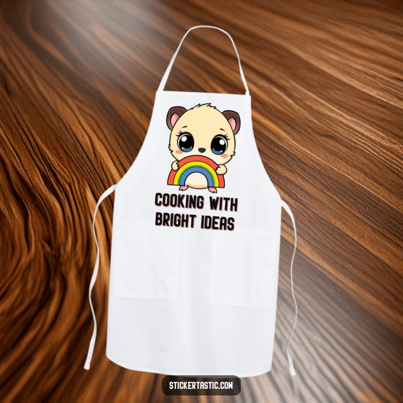 Funny apron featuring a small creature with wide eyes holding a rainbow sticker, perfect for adding whimsical humor to kitchen wear.