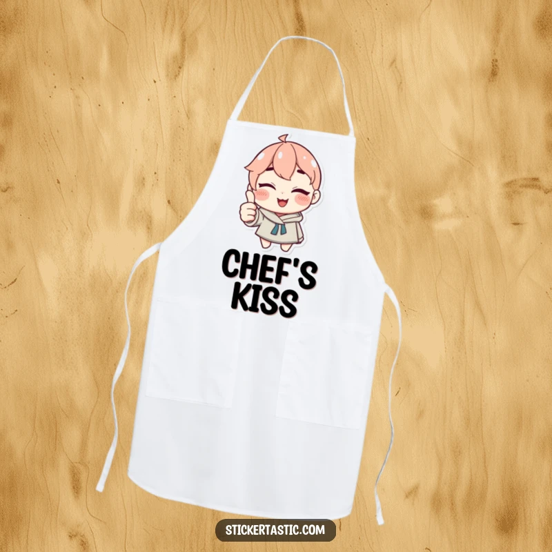 Funny Apron: Character winking and giving a thumbs up with a sticker, looking proud while cooking. Great funny gift.