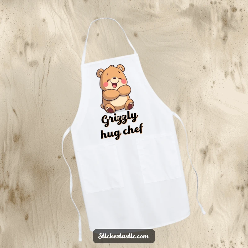 Funny apron with a cheerful bear character offering a warm, enthusiastic hug, ideal for chefs and bakers who love to spread joy.