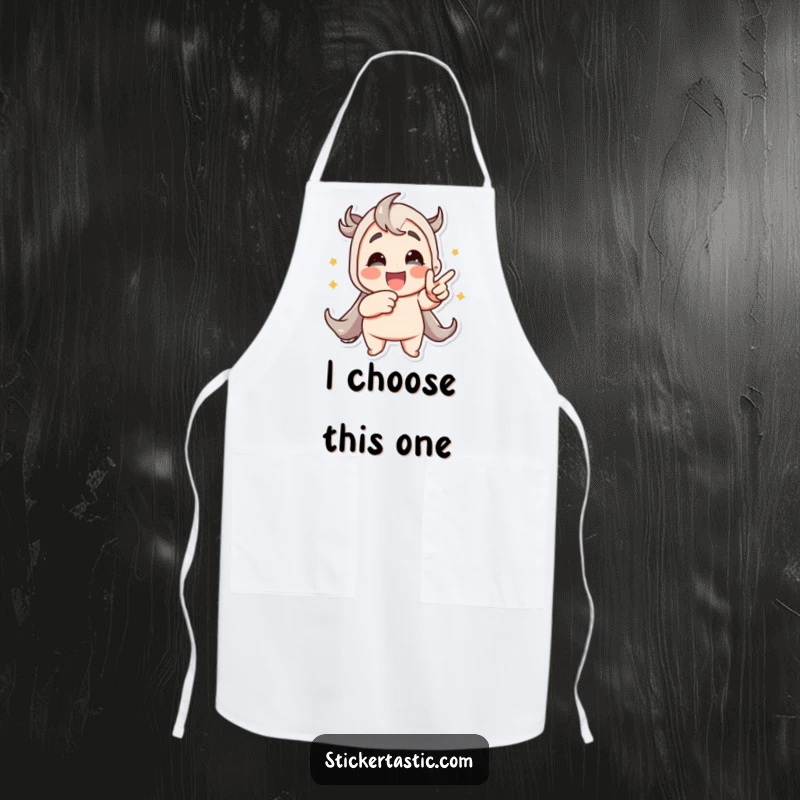 Funny apron with a character enthusiastically pointing at a vibrant, animated sticker, appealing to cooks and art lovers.