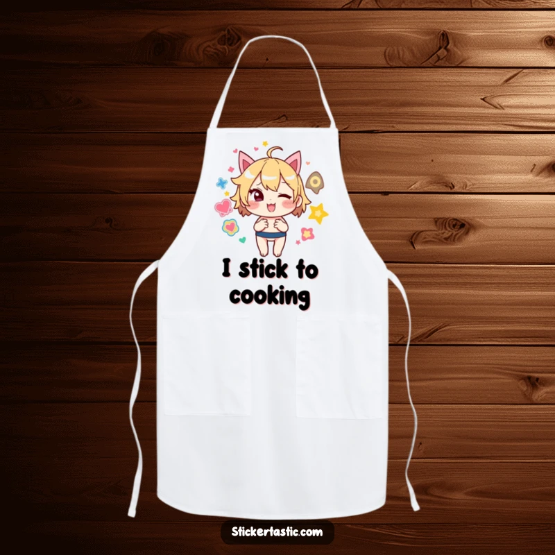 Funny Apron: Mischievous character winkingly juggles colorful stickers while protecting the wearer in the kitchen.