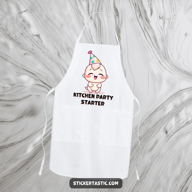 Funny apron with a character in a silly party hat, captured in a hilarious giggle.