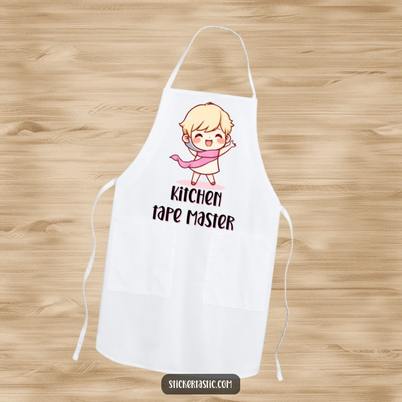 Funny Apron: A cheerful character dancing with a roll of tape, perfect for adding fun to chores. Ideal funny gift.