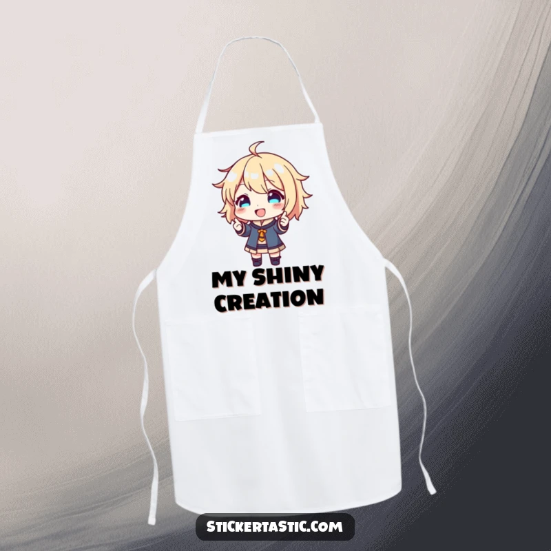 Funny Apron: Happy character proudly showing off a shiny new sticker, looking pleased. Great funny gift.