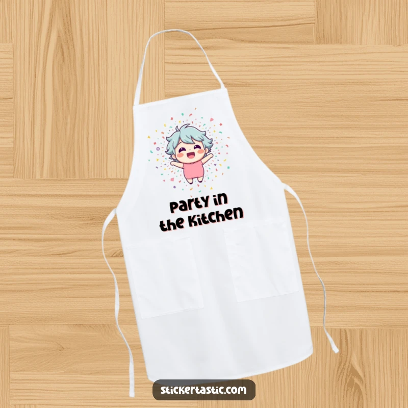Funny apron with a happy character bursting out of a confetti explosion, perfect for festive cooking.