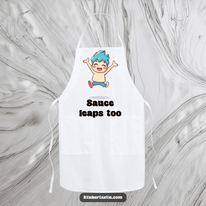 Funny character leaping with a large, shiny sticker on a practical apron, ideal for kitchen fun and cheer.