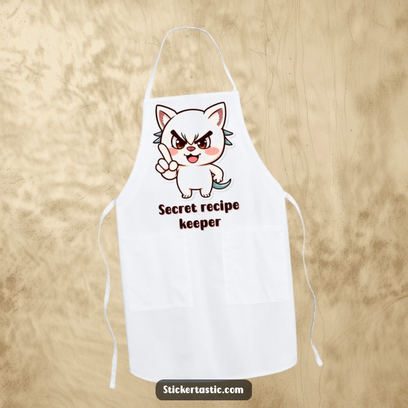 Funny apron showing a mischievous character giving a playful wink and pointing a finger, embodying cheeky style.