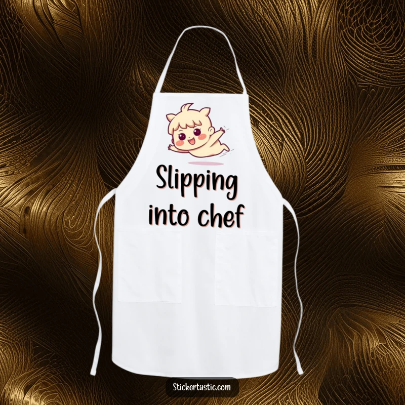 Funny apron showing a character sliding with a happy, determined expression, embodying purposeful kitchen action.