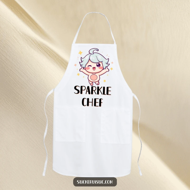 Funny Apron: A cheerful character bouncing with excitement, adorned with bright sparkles, perfect for adding fun to cooking. Ideal funny gift.