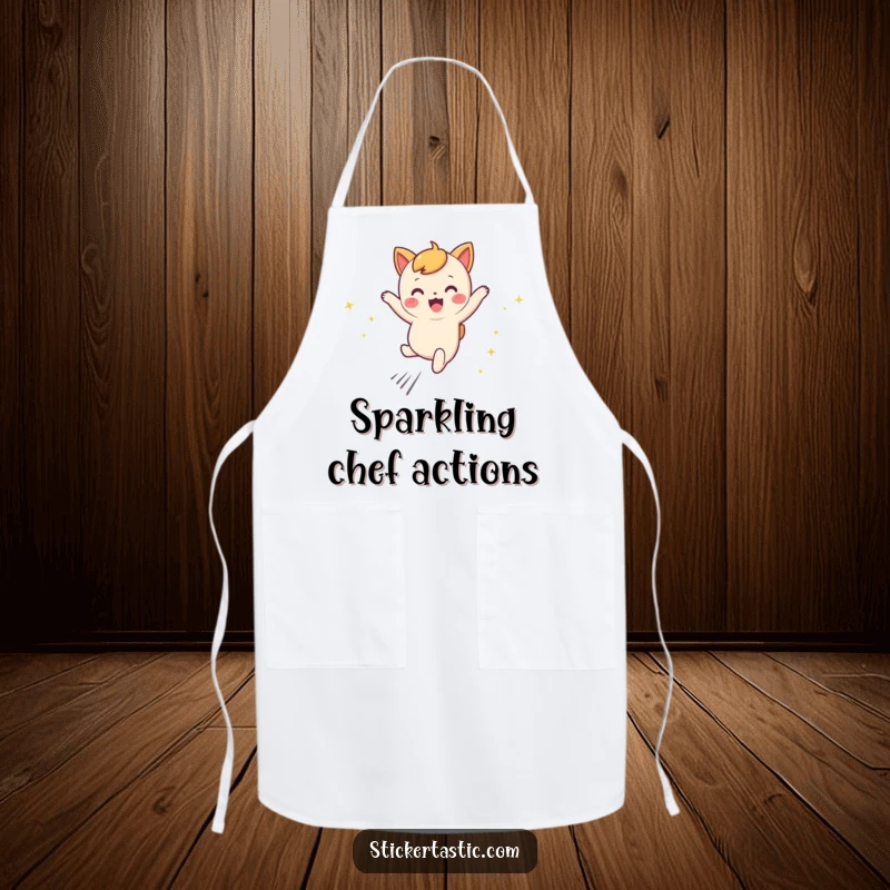 Funny leaping character apron featuring a cute character joyfully leaping, with whimsical sparkly trails for kitchen fun.
