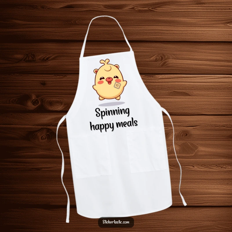Funny giggling apron with a character spinning playfully with a sticker on its nose, ideal for humorous and cheerful kitchen wear.