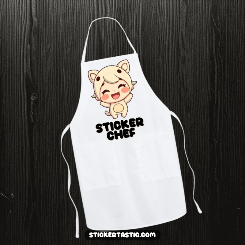Funny apron with a cheerful character grinning while sticking a large sticker, for fun kitchen adventures.