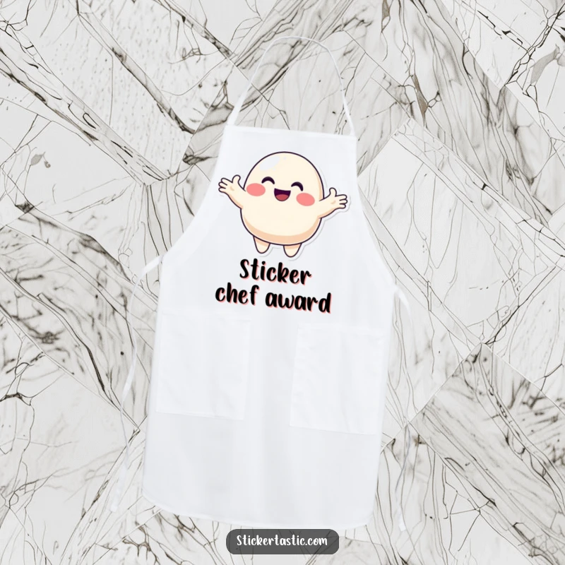 Funny blob apron with a smiling character offering a colorful sticker, adding a touch of playful generosity to any cooking or baking session.