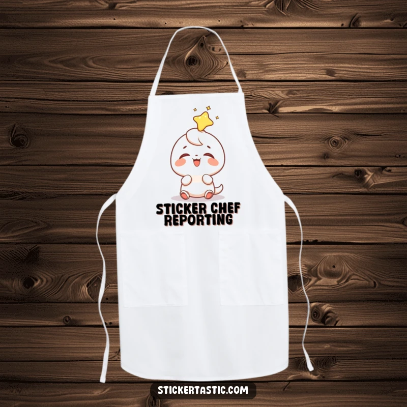 Funny sticker head apron illustrating a small character's gleeful surprise as a shiny sticker lands right on its head while cooking or crafting.